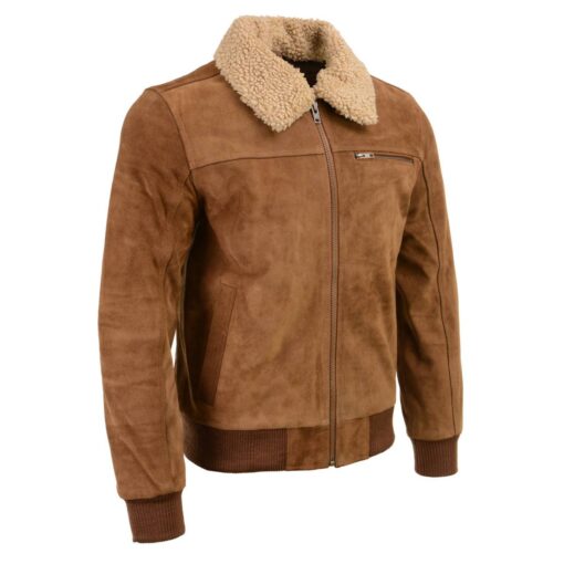 Men's Brown Suede Leather Bomber Jacket with Sherpa Collar - Image 5