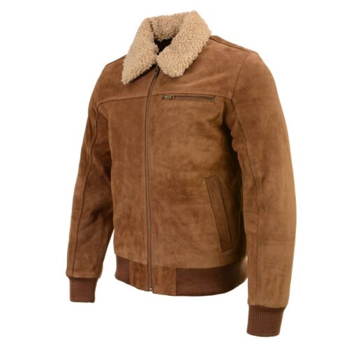 Men's Brown Suede Leather Bomber Jacket with Sherpa Collar - Image 2