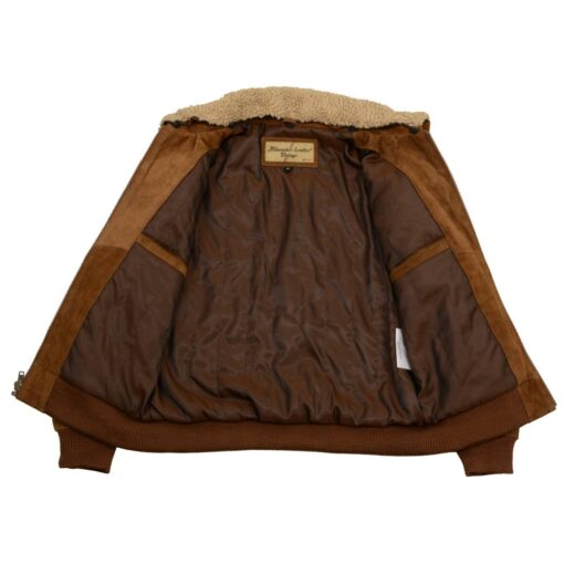 Men's Brown Suede Leather Bomber Jacket with Sherpa Collar - Image 7