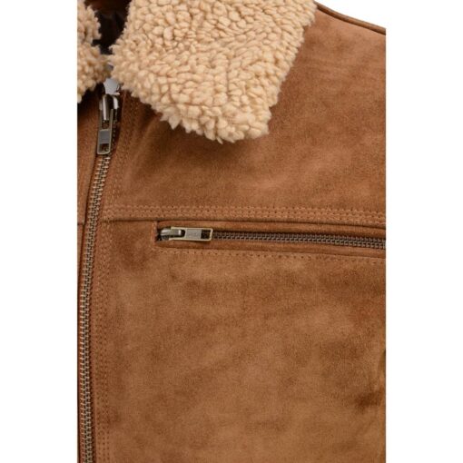 Men's Brown Suede Leather Bomber Jacket with Sherpa Collar - Image 8