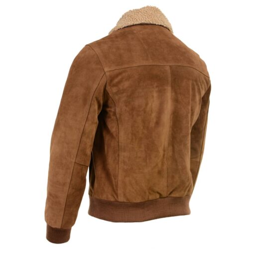 Men's Brown Suede Leather Bomber Jacket with Sherpa Collar - Image 9