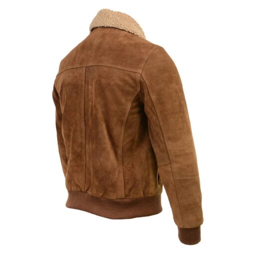 Men's Brown Suede Leather Bomber Jacket with Sherpa Collar - Image 3