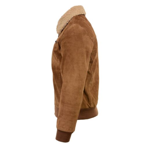 Men's Brown Suede Leather Bomber Jacket with Sherpa Collar - Image 4