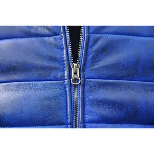 Quilted Men's Blue Leather Puffer Jacket - Image 2