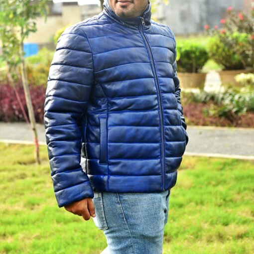 Quilted Men's Blue Leather Puffer Jacket - Image 9