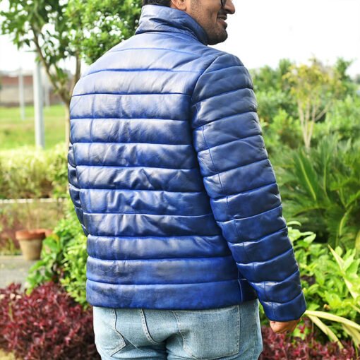 Quilted Men's Blue Leather Puffer Jacket - Image 8