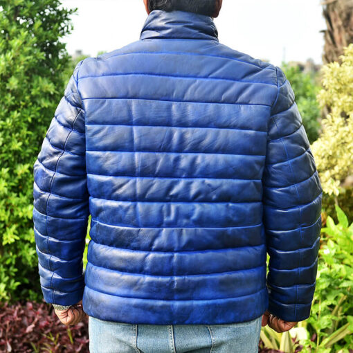 Quilted Men's Blue Leather Puffer Jacket - Image 7