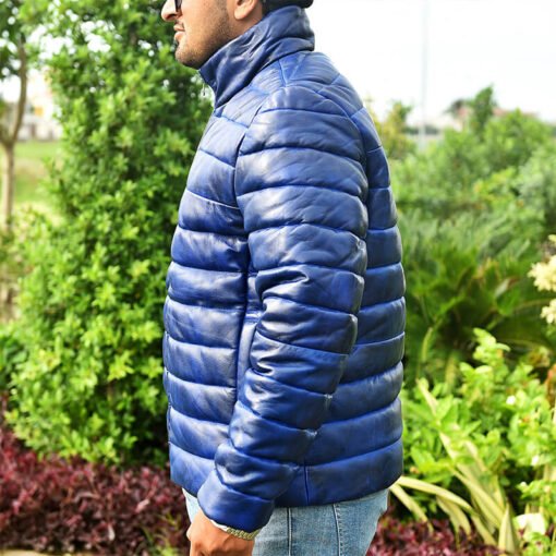 Quilted Men's Blue Leather Puffer Jacket - Image 6