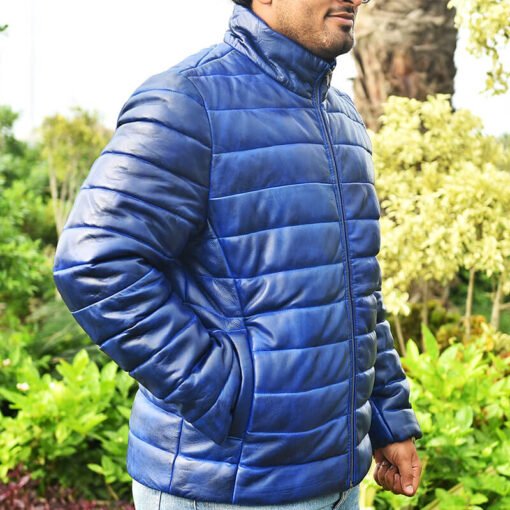 Quilted Men's Blue Leather Puffer Jacket - Image 5