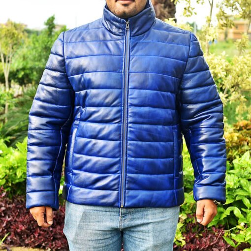 Quilted Men's Blue Leather Puffer Jacket - Image 4