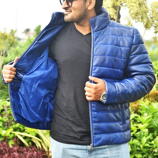 Quilted Men's Blue Leather Puffer Jacket - Image 10