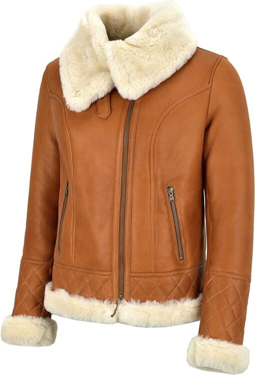 Womens Cognac Sherpa Lined Leather Bomber Jacket - Image 3