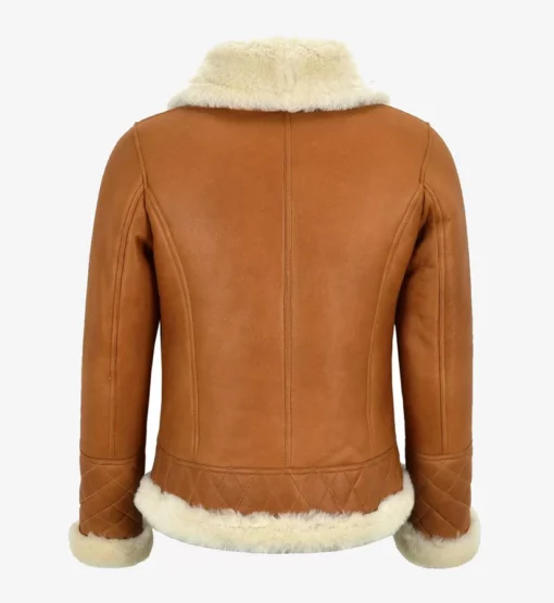 Womens Cognac Sherpa Lined Leather Bomber Jacket - Image 2