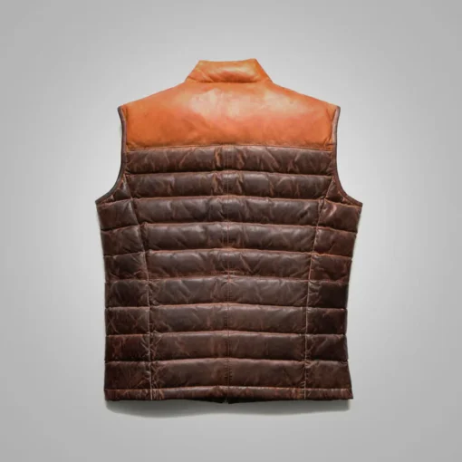 Mens Dual Tone Leather Puffer Vest Brown - Image 2