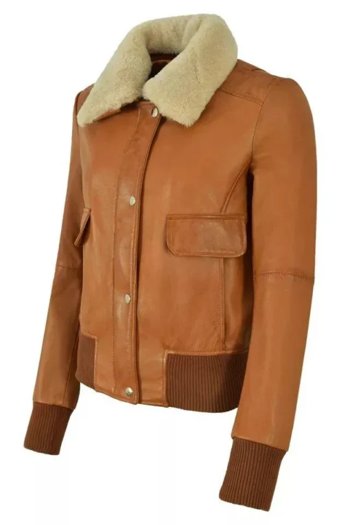 Womens Cognac B3 Bomber Jacket With Sherpa Collar - Image 4