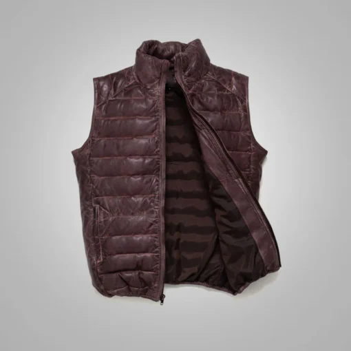 Dark Brown Downs Mens Leather Puffer Vest - Image 2