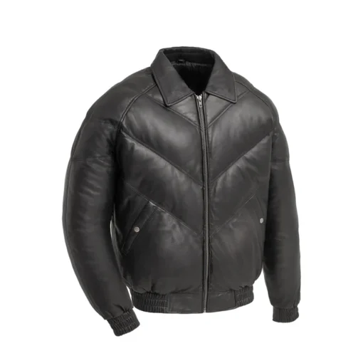 Black Leather Puffer Down V Bomber Jacket Mens