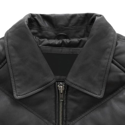 Black Leather Puffer Down V Bomber Jacket Mens - Image 5