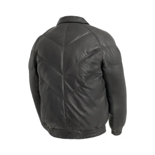 Black Leather Puffer Down V Bomber Jacket Mens - Image 2