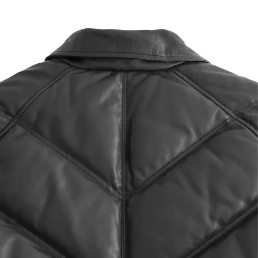 Black Leather Puffer Down V Bomber Jacket Mens - Image 3