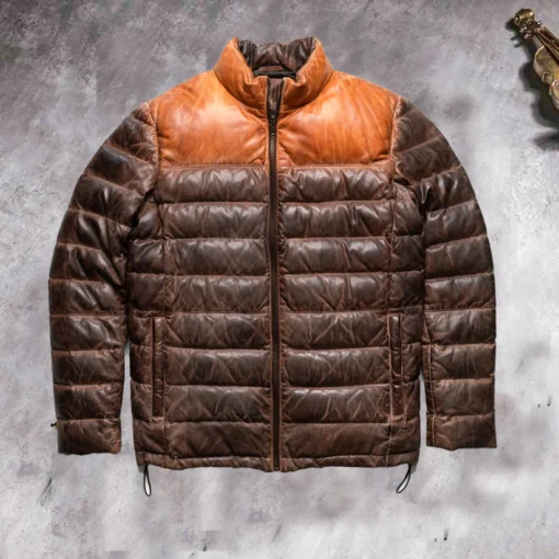 Men's Dual Tone Brown Leather Puffer Down Jacket - Image 6