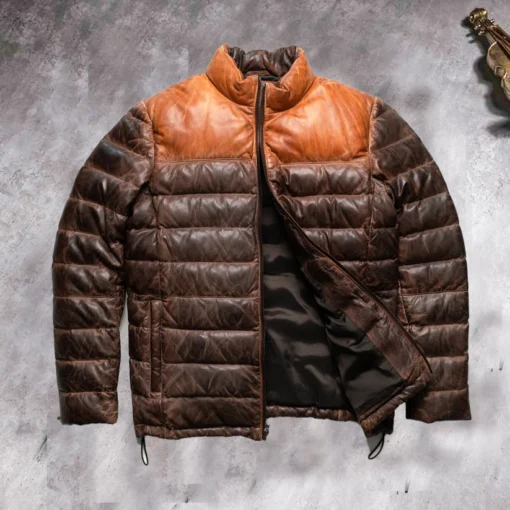 Men's Dual Tone Brown Leather Puffer Down Jacket - Image 2