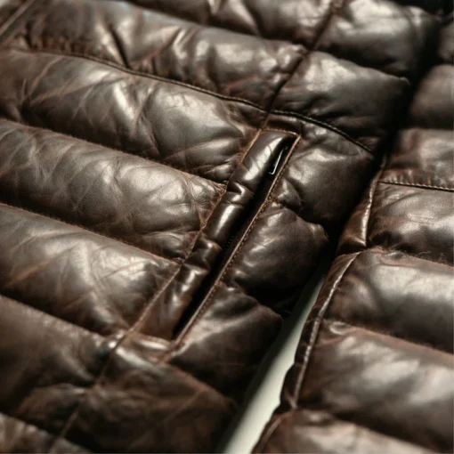 Men's Dual Tone Brown Leather Puffer Down Jacket - Image 4