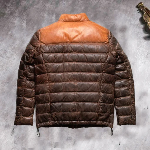 Men's Dual Tone Brown Leather Puffer Down Jacket - Image 5