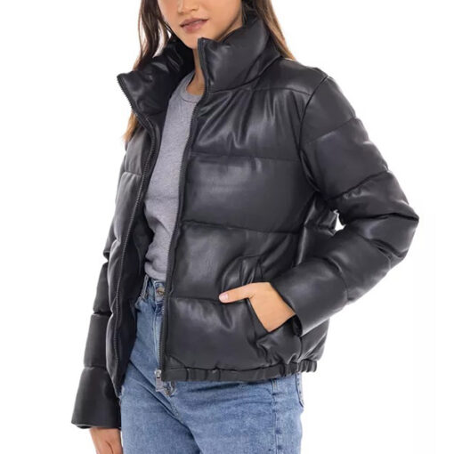 Black Leather Puffer Jacket Women - Image 5