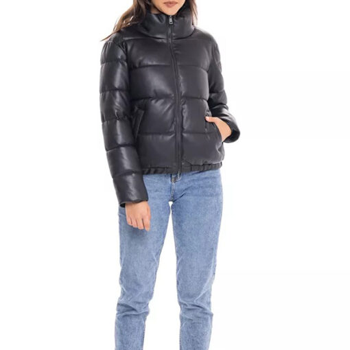 Black Leather Puffer Jacket Women - Image 2