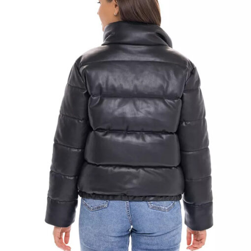 Black Leather Puffer Jacket Women - Image 4