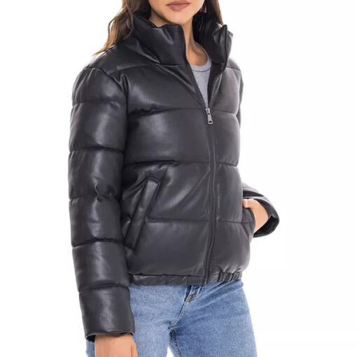 Black Leather Puffer Jacket Women - Image 3