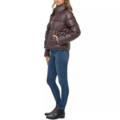 Brown Leather Puffer Jacket Women - Image 3