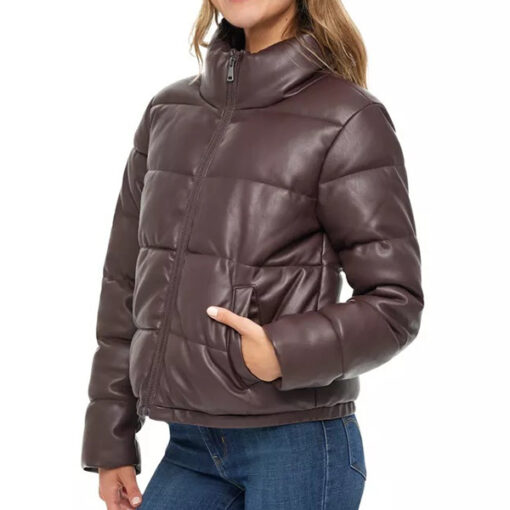 Brown Leather Puffer Jacket Women - Image 4