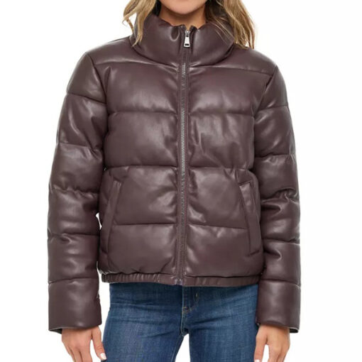 Brown Leather Puffer Jacket Women