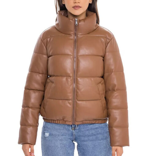 Cognac Leather Puffer Jacket Women