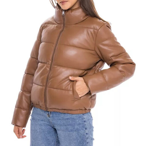 Cognac Leather Puffer Jacket Women - Image 4