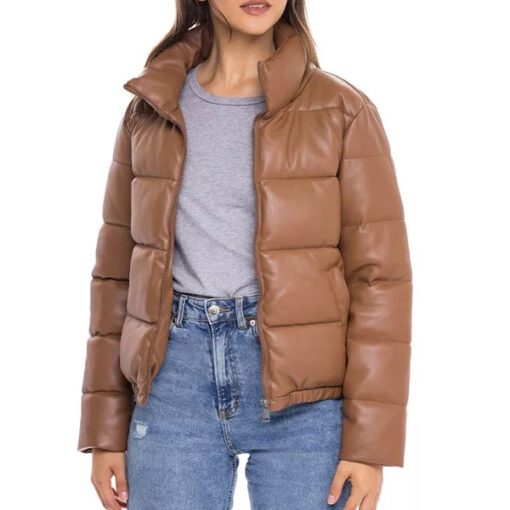 Cognac Leather Puffer Jacket Women - Image 3