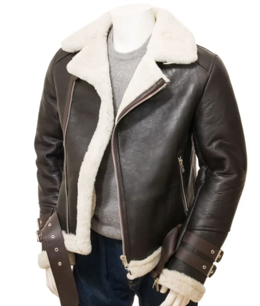 Men's Asymmetrical Zipper Brown Sherpa Leather Jacket