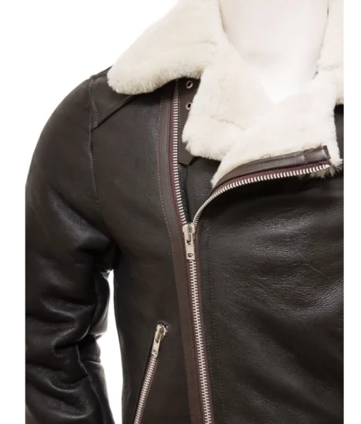 Men's Asymmetrical Zipper Brown Sherpa Leather Jacket - Image 2