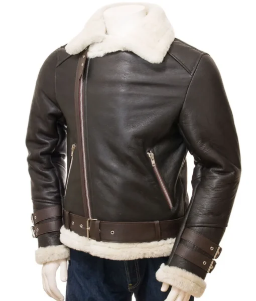 Men's Asymmetrical Zipper Brown Sherpa Leather Jacket - Image 5