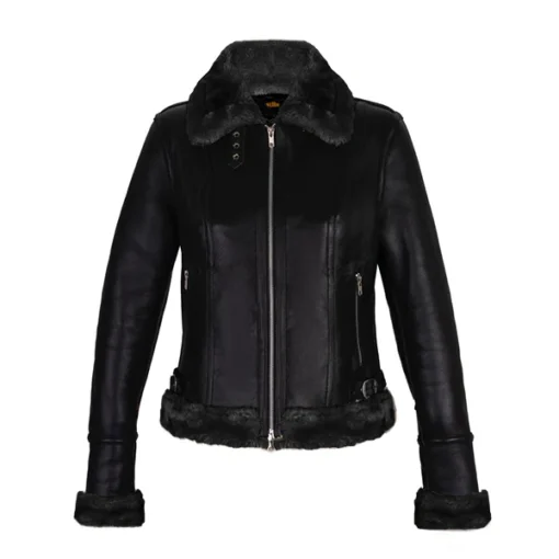 Women's Black Shearling Leather Jacket Slim Fit