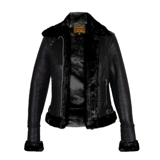 Women's Black Shearling Leather Jacket Slim Fit - Image 2