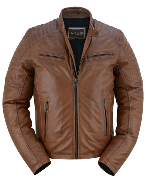 Men's Cognac Leather Fashion Jacket Biker Style - Image 4