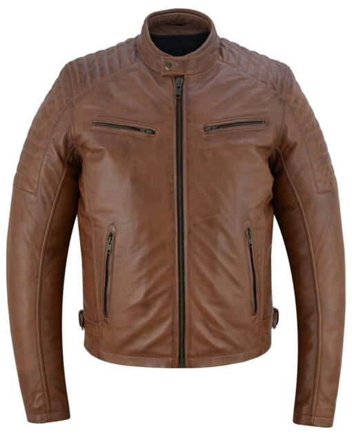 Men's Cognac Leather Fashion Jacket Biker Style - Image 3