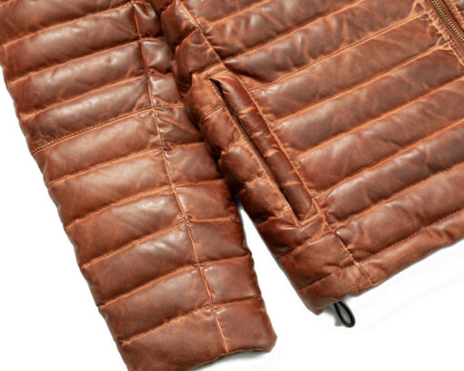 Men's Brown Leather Puffer Jacket Quilted Downs Jacket - Image 4