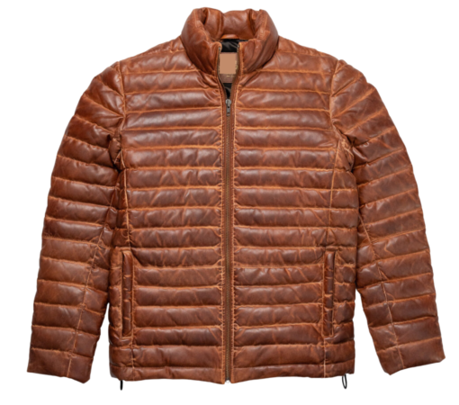 Men's Brown Leather Puffer Jacket Quilted Downs Jacket