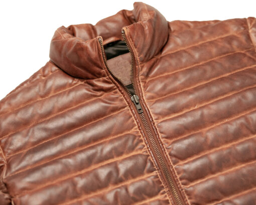 Men's Brown Leather Puffer Jacket Quilted Downs Jacket - Image 3