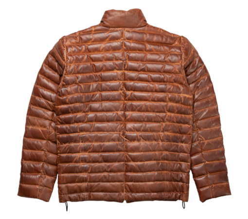 Men's Brown Leather Puffer Jacket Quilted Downs Jacket - Image 2