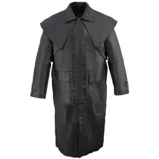 Men's Black Leather Trench Coat Western Style Cowhide Duster - Image 3